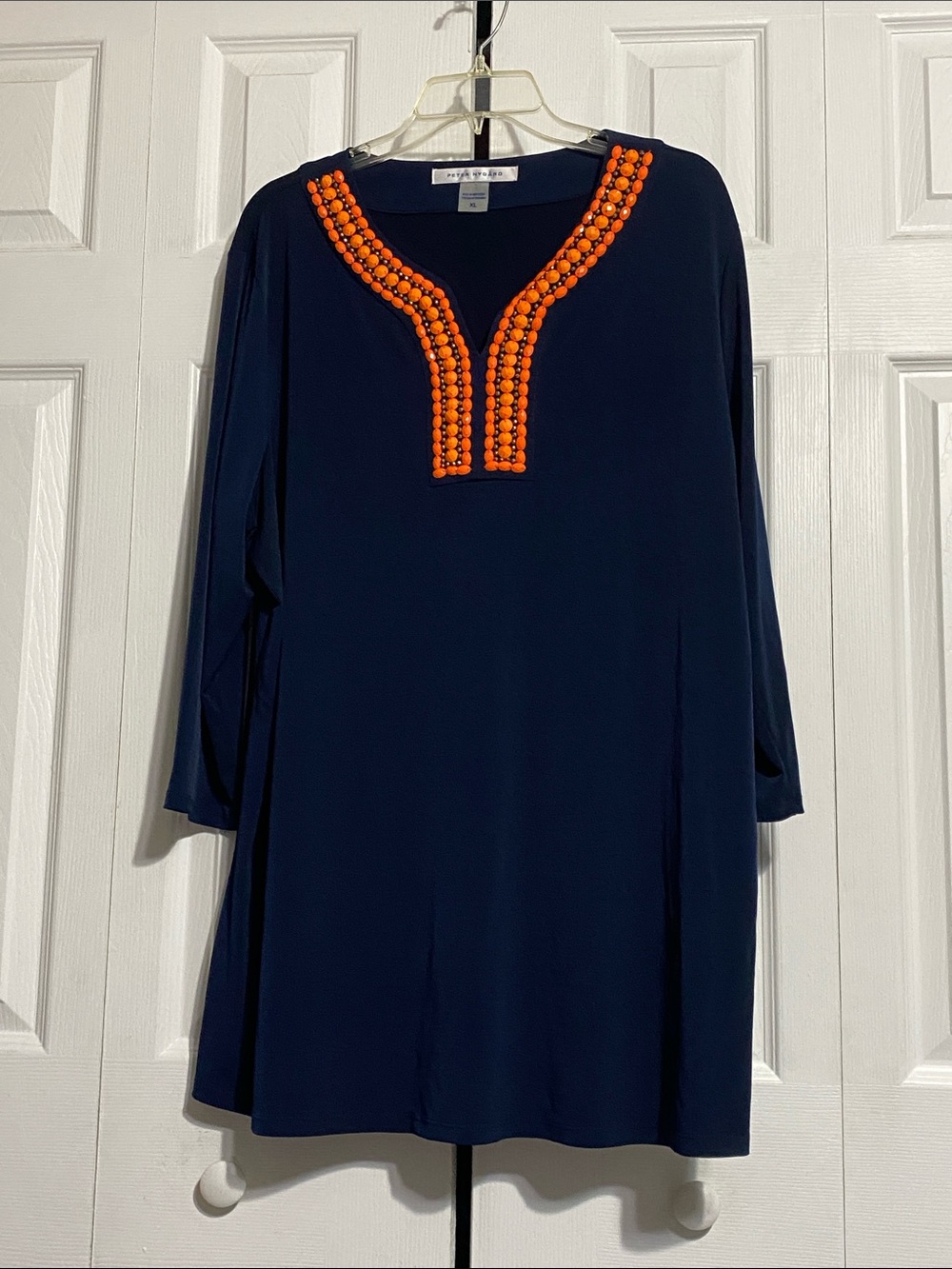 Peter Nygard navy blue orange beaded blouse top shirt size XL